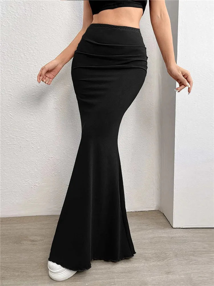 Solid Bodycon Ruched Long Skirt Women Sexy Black Elastic Elegant High Waist Mermaid Maxi Skirts Summer Streetwear