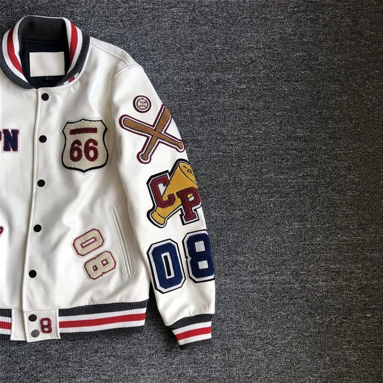 Men's spring and autumn baseball uniform Y2K retro trend leather jacket heavy industry embroidery white short coat ins hot sale