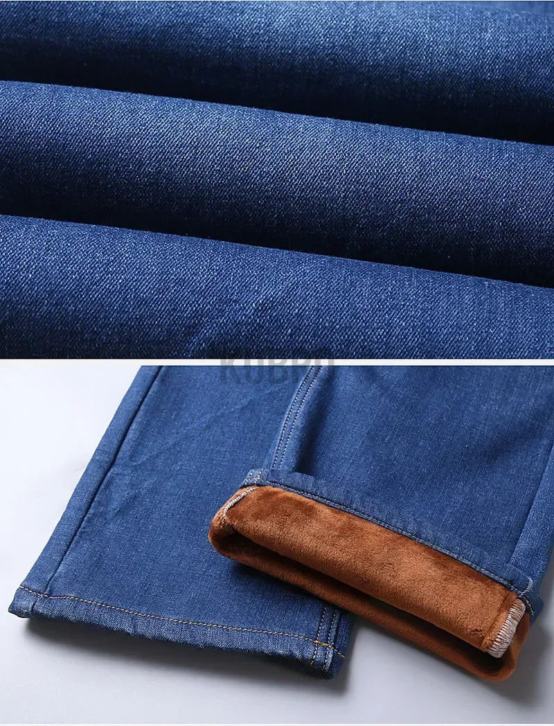 2024 Winter New Casual Men's Warm Fleece Jeans Classic Style Business Thicken Fur Regular Fit Denim Pants Brand Plush Trousers