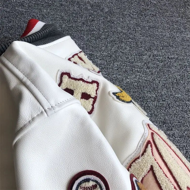 Men's spring and autumn baseball uniform Y2K retro trend leather jacket heavy industry embroidery white short coat ins hot sale