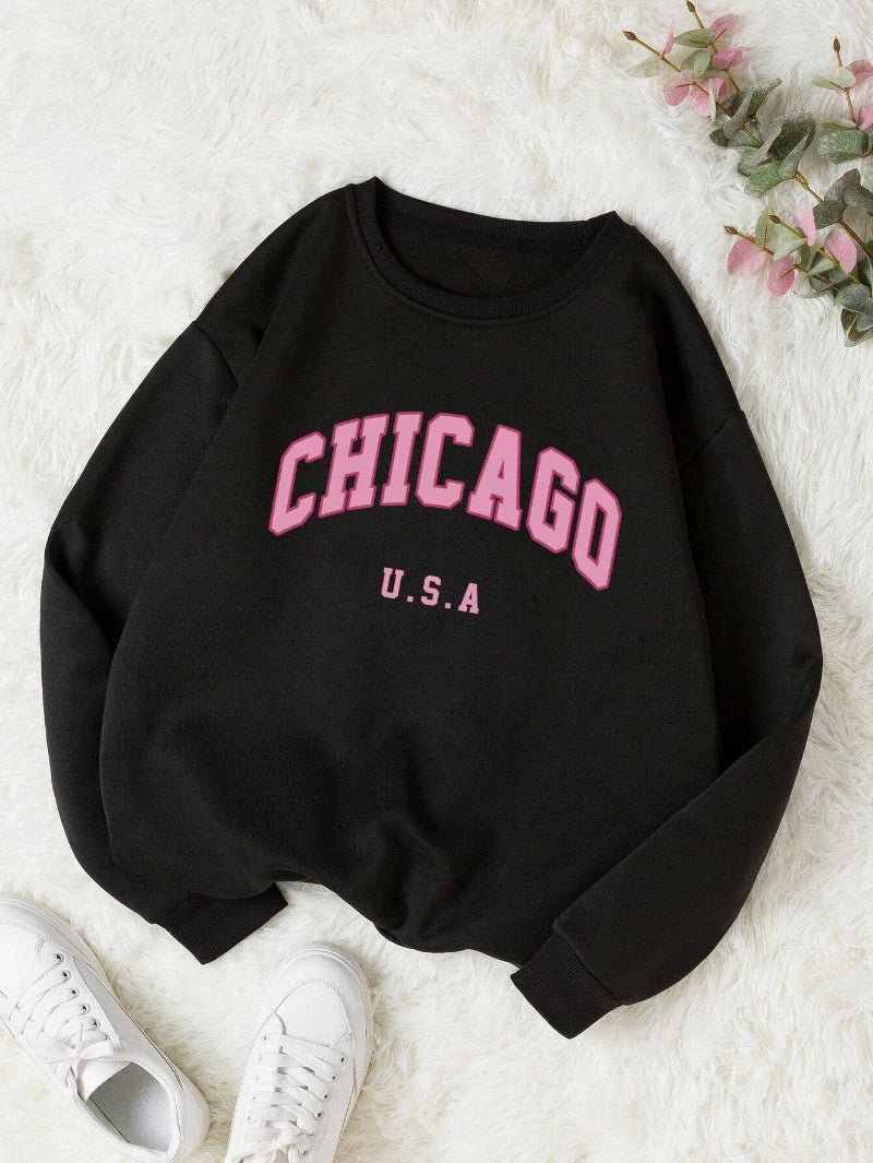 Casual Women Sweatshirts Chicago USA Letter Prints Pullover Fashion Crewneck Oversize Hoodie Fleece Warm Female Autumn Clothes