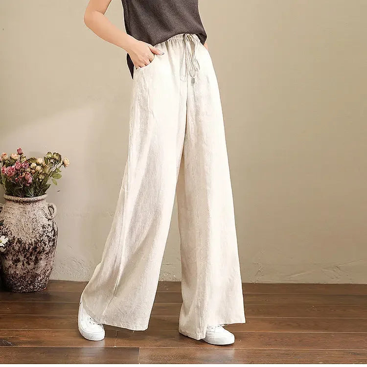 Wide Leg Pure Color Linen Pants For Women High Waist Drawstring Loose Fit Cotton Linen Trousers Plus Size White Long Pants