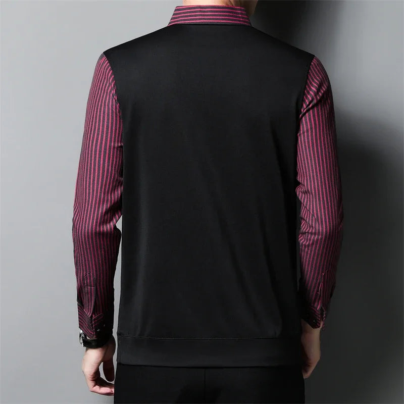 New Men's Casual and Fashionable Long Sleeved POLO Shirt with Contrasting Print Anti Wrinkle Top