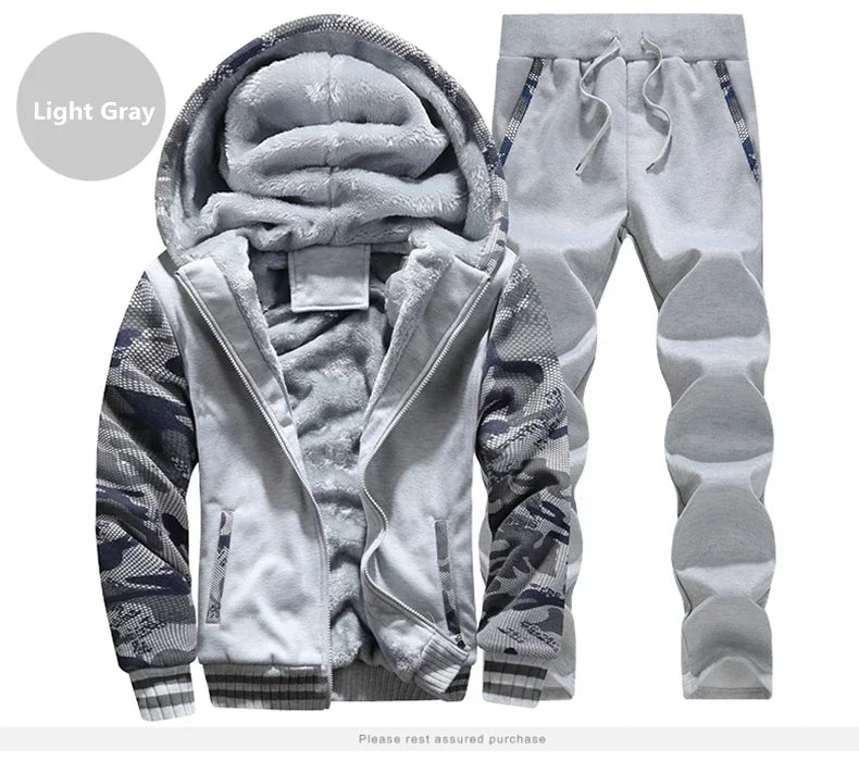 New Winter Fleece Thicken Men's Two-piece Zipper Sports Set Hooded Thermal Suit Casual Oversized Tracksuit 4XL 5XL Funny Suit