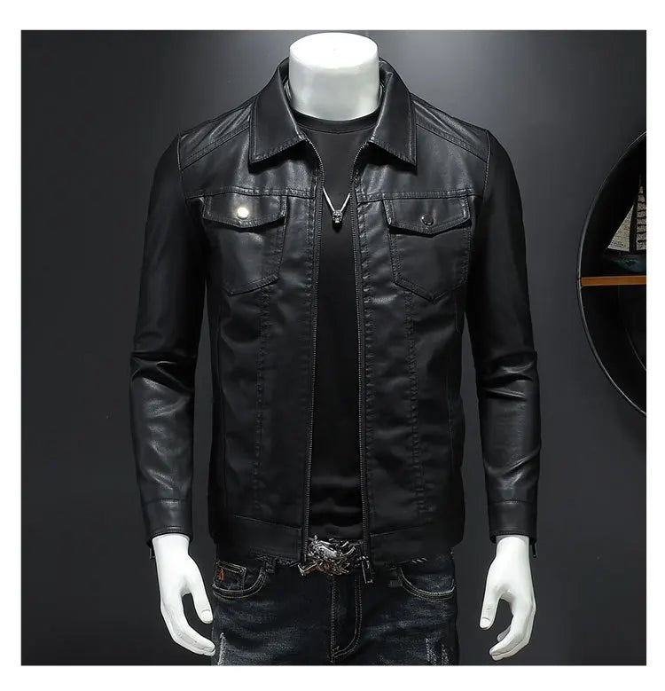 Men's lapel leather jacket autumn oversized slim motorcycle riding suit winter thickened PU leather waterproof work clothes