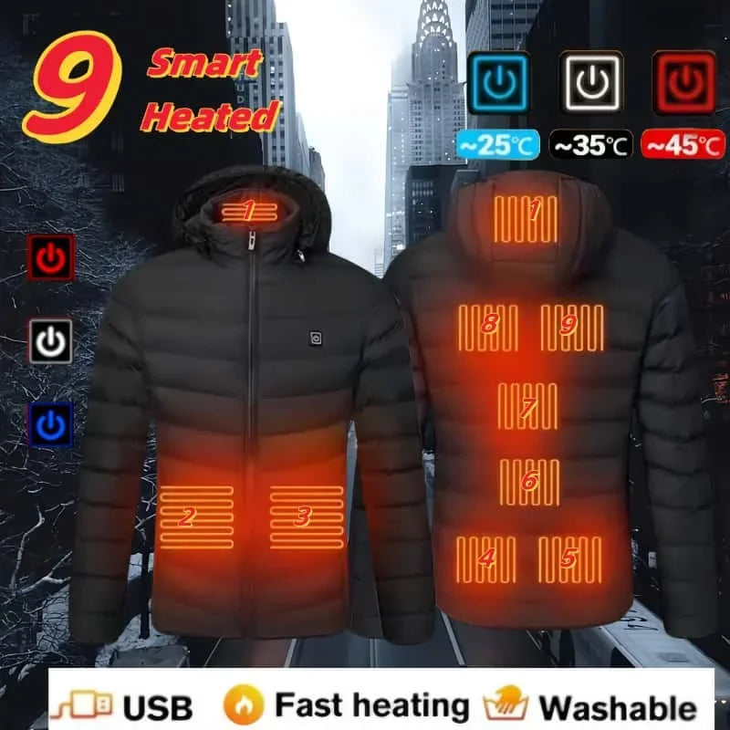 Winter Multi Zone Heating Jacket 2024 New Men's USB Intelligent Heating Waterproof Hooded Top Cold Resistant Warm Cotton Coat