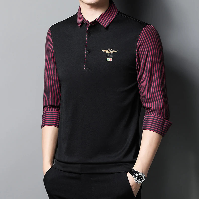 New Men's Casual and Fashionable Long Sleeved POLO Shirt with Contrasting Print Anti Wrinkle Top