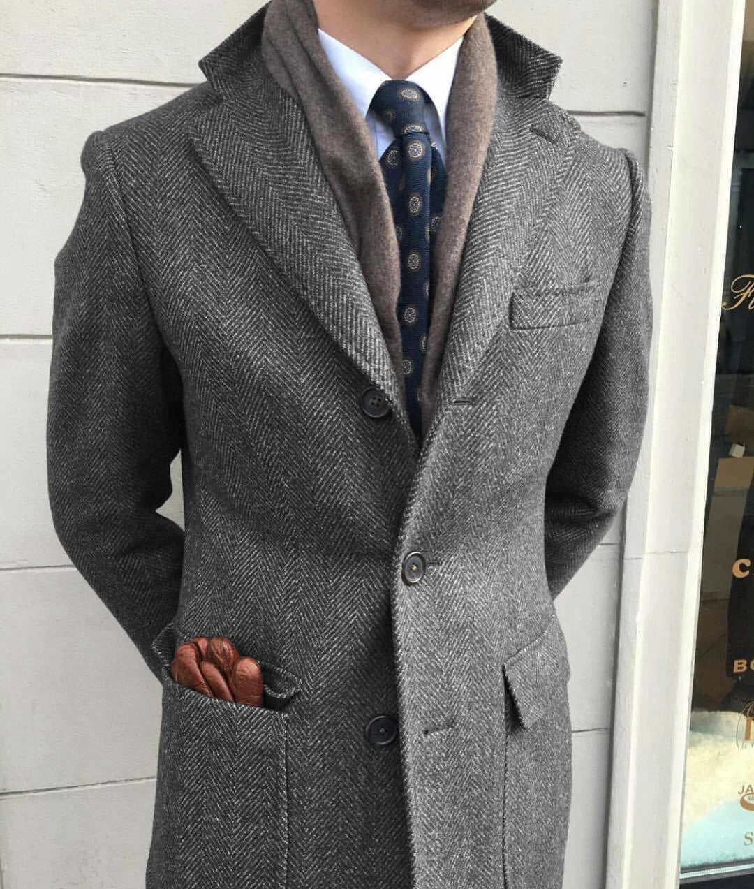 Men's Windbreaker Classic Herringbone Tweed Wool Blend Suit Jacket Winter Warm Long Coat Outdoor Sports Coat erkek mont