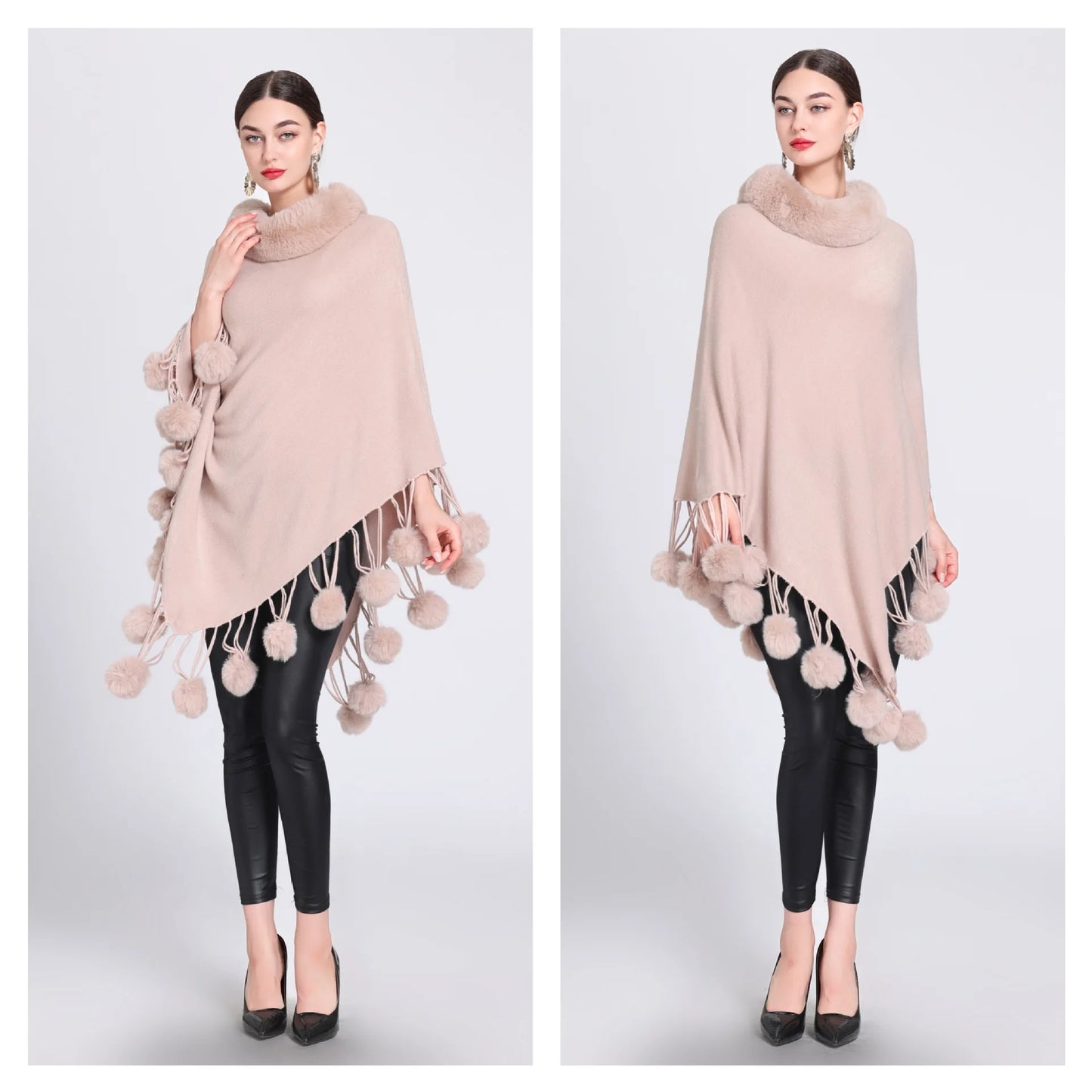 Poncho Scarf Fur Ball Decoration Shawl Faux Fur Collar Women's  Cape Fringed Asymmetric Cover Up Diamond Shawl