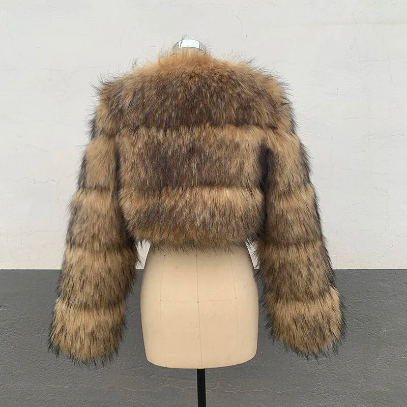 ZADORIN High Quality Cropped Faux Raccoon Fur Coat Women Winter Fashion O Neck Long Sleeve Fluffy Short Faux Fur Jacket Crop Top