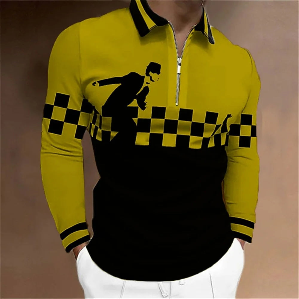 2024 New Fashion Men Long Sleeve Zipper Polo Shhirt , Abstract Appare  Men Casual Large Size Lapel Print Polo Shirt .