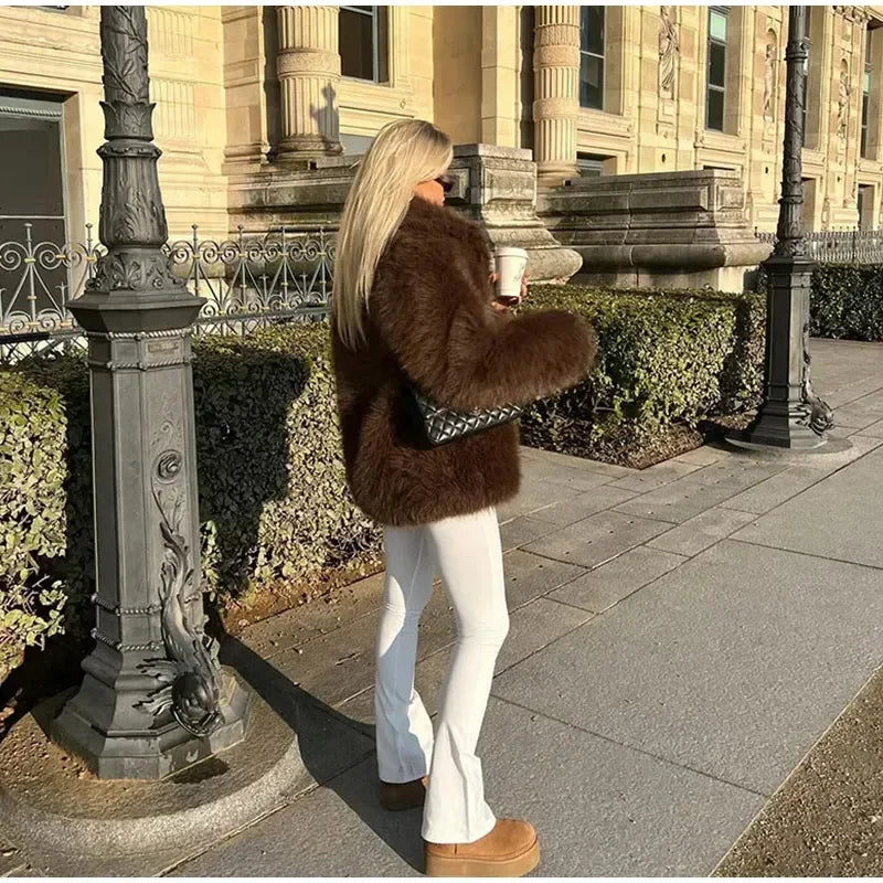 Luxury Brown Women Faux Fur Jacket Oversized Lapel Long Sleeve Warm Fluffy Coats 2024 Winter Female Loose Streetwear Outwears