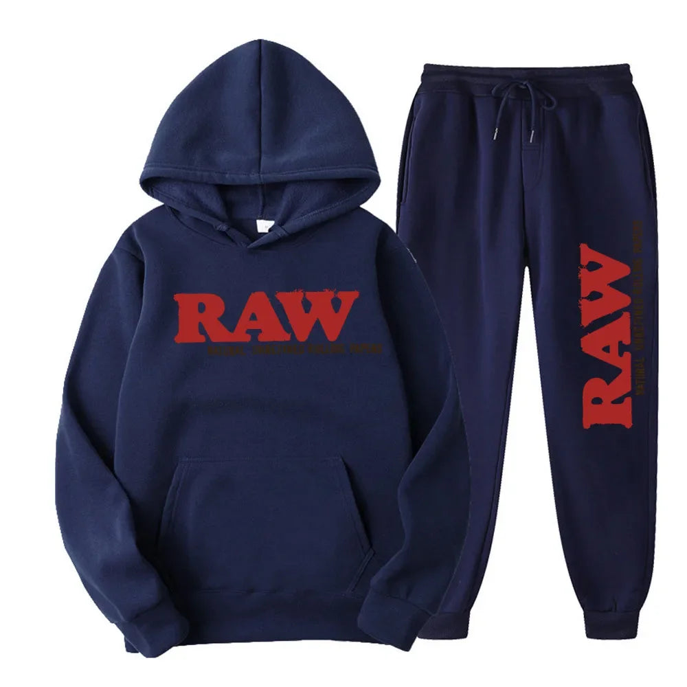 RAW Men's Set Hooded Fleece Hoodie Sweatpants Running Men's Two Pieces Set Autumn Winter Casual Woolen Sportswear Comfortable