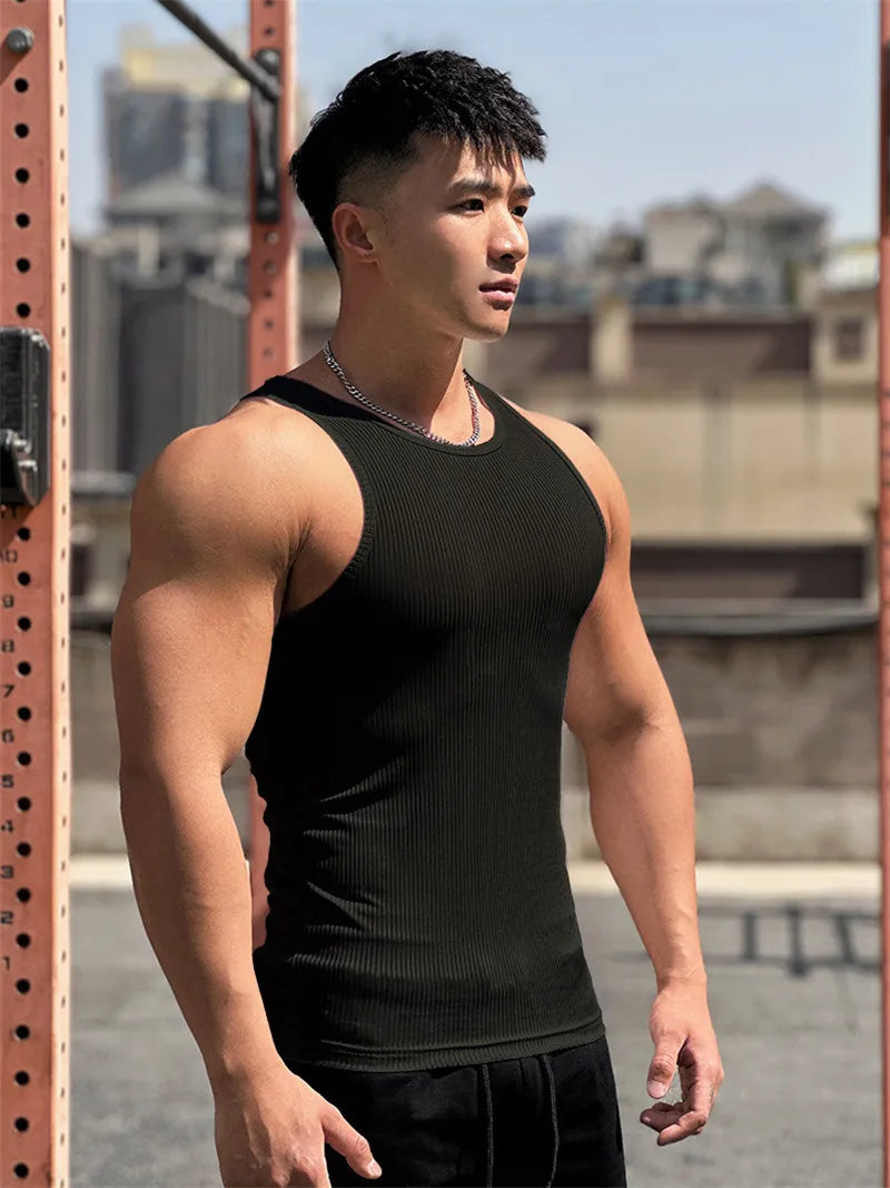 Men's vest Elasticity stripe Round Neck Oversized Sleeveless T-Shirt Gym Sports Fitness Running Training Bodybuilding Tank Top