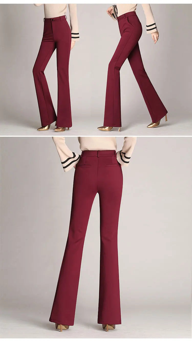 Autumn Winter Women's Pants Solid Casual Front Zipper Flared Pants OL Ladies Career Long Trousers Elegant High Waist Work Pant