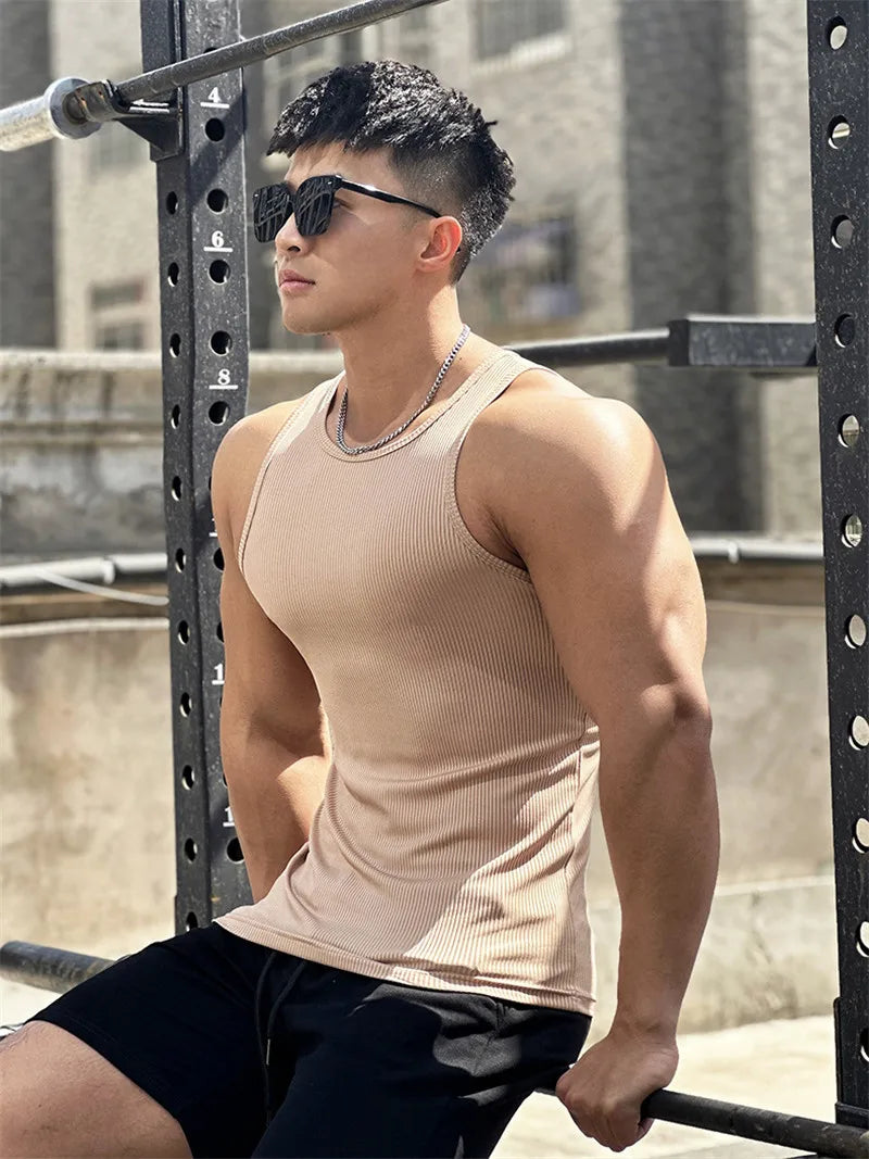 Men's vest Elasticity stripe Round Neck Oversized Sleeveless T-Shirt Gym Sports Fitness Running Training Bodybuilding Tank Top