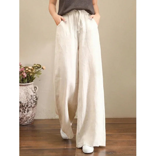 Wide Leg Pure Color Linen Pants For Women High Waist Drawstring Loose Fit Cotton Linen Trousers Plus Size White Long Pants