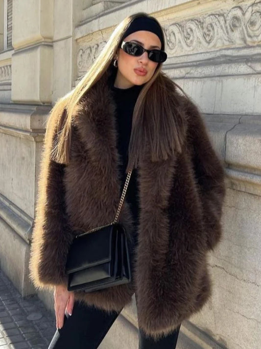 Luxury Brown Women Faux Fur Jacket Oversized Lapel Long Sleeve Warm Fluffy Coats 2024 Winter Female Loose Streetwear Outwears