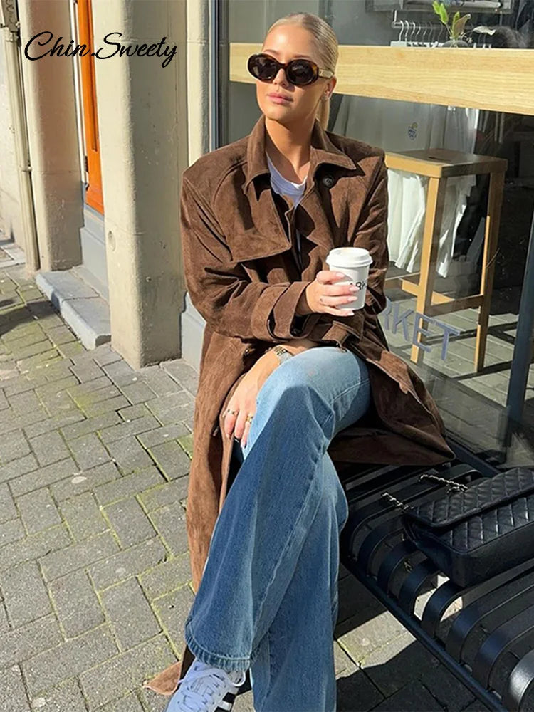 Elegant Suede Long Trench Coat Women Belt Double Breasted Full Sleeve Brown Windbreaker 2024 Autumn Lady Street Outwears New