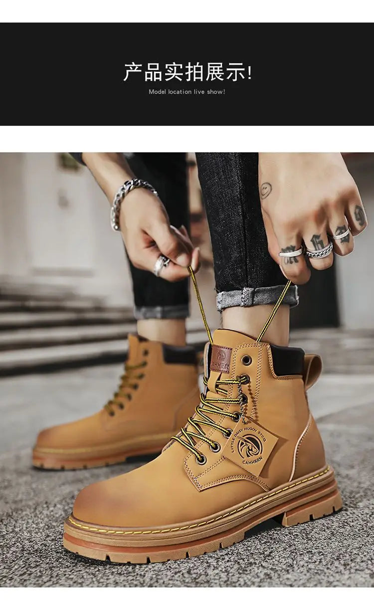 High Top Boots Men Fashion Motorcycle Ankle Walking Boots for Men Winter Boots Man Shoes Lace-Up Botas Hombre Spring Work Boots