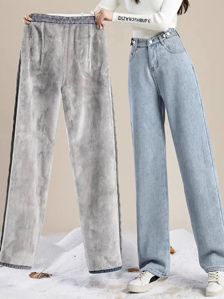 Thickened Fleece-Lined High-Waisted Wide-Leg Jeans Women's Winter 2024 New Style Student Versatile Straight-Leg Warm Pants