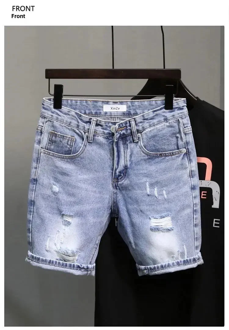 Trendy Denim Shorts For Men Summer Style Korean Version Thin Fit Hip Hop Brand Ins Small Group Medium Length Trousers