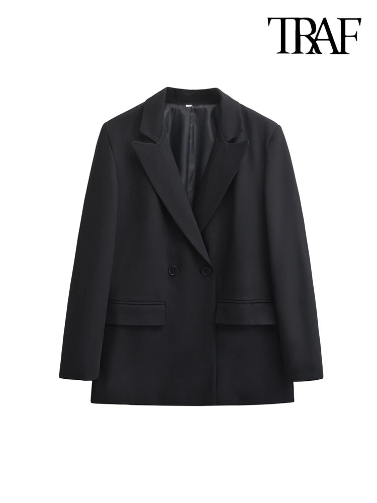 TRAF-Women's Double Breasted Office Wear Blazer Coat, Long Sleeve, Flap Pockets, Female Outerwear, Chic Tops, Fashion