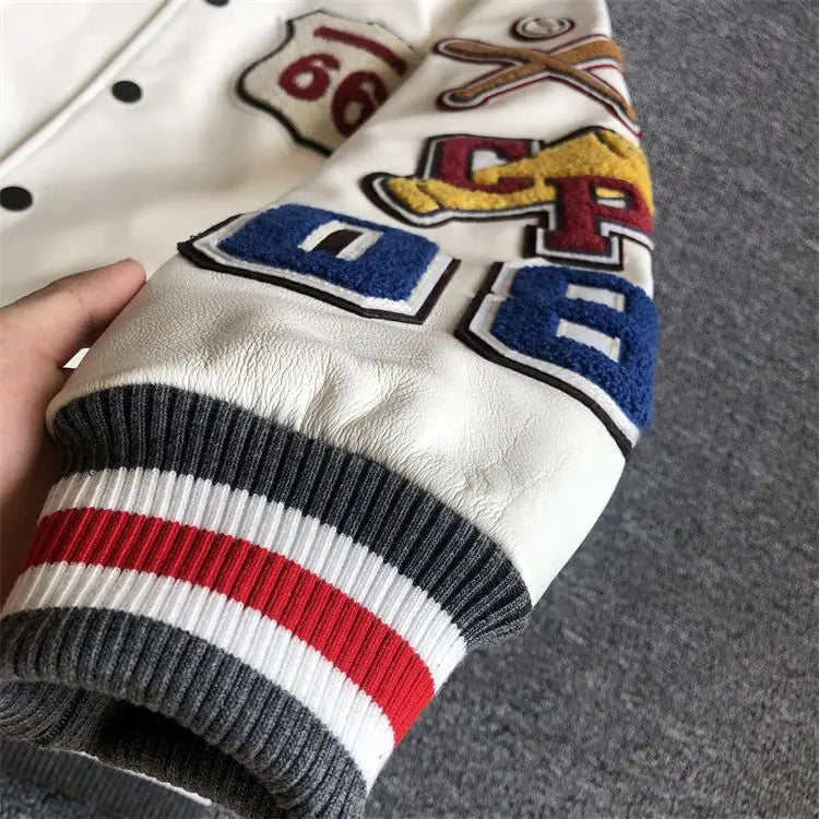 Men's spring and autumn baseball uniform Y2K retro trend leather jacket heavy industry embroidery white short coat ins hot sale