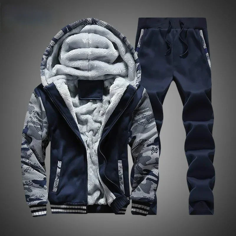 New Winter Fleece Thicken Men's Two-piece Zipper Sports Set Hooded Thermal Suit Casual Oversized Tracksuit 4XL 5XL Funny Suit