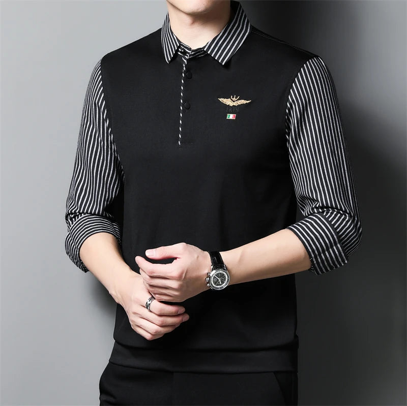 New Men's Casual and Fashionable Long Sleeved POLO Shirt with Contrasting Print Anti Wrinkle Top