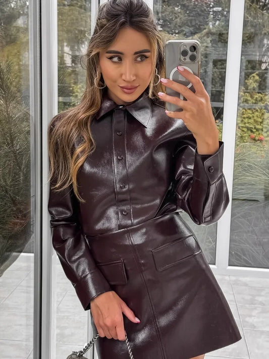 Fashion Women Leather Jacket Skirt Suit Elegant O-neck/lapel Single Breasted Female Coat High Waist Mini Skirts Ladies Sets