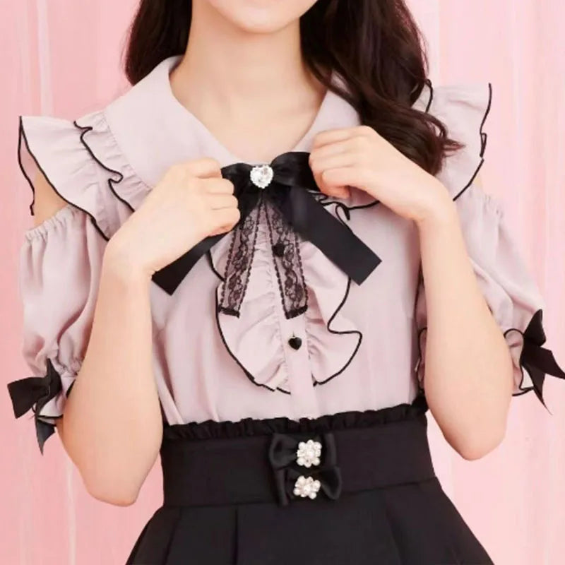 Gothic Lolita Blouses Women Sweet Bow Off Shoulder JK Shirt Japanese Girls Elegant Love Heart Lace Ruffles Blusas Mujer Tops