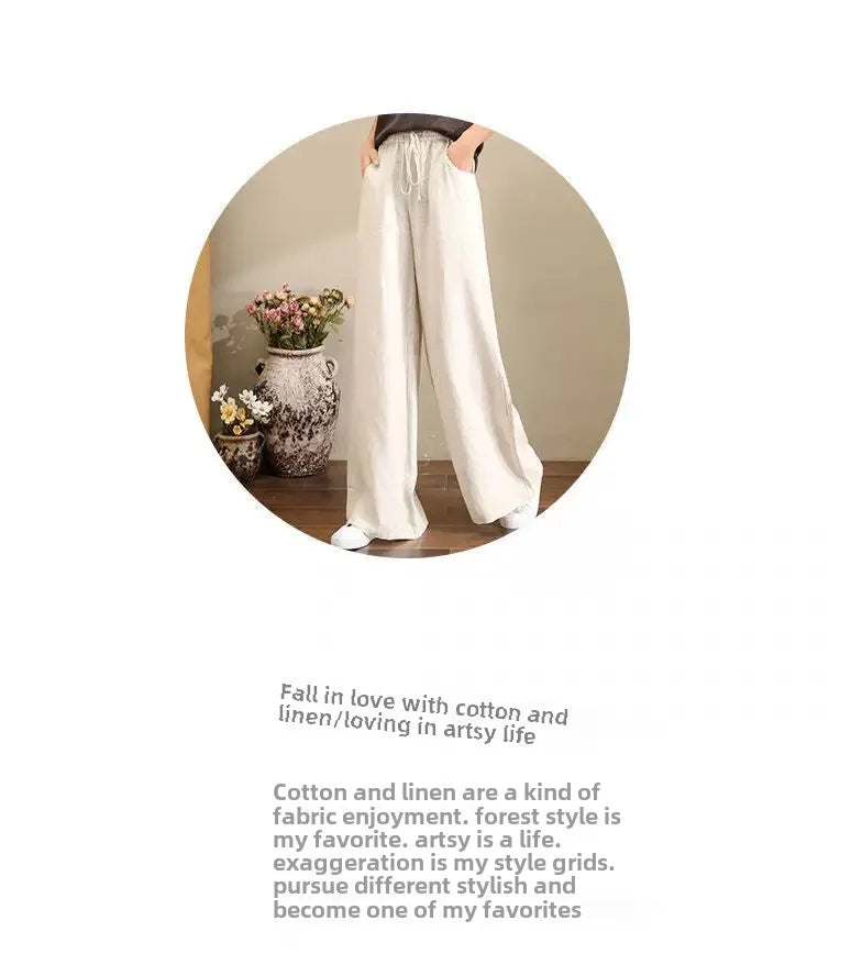 Wide Leg Pure Color Linen Pants For Women High Waist Drawstring Loose Fit Cotton Linen Trousers Plus Size White Long Pants