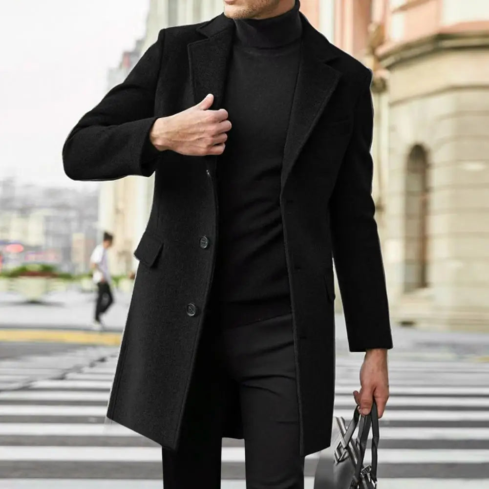 Flap Pocket Jacket Mid-length Warm Jacket Overcoat for Men with Lapel Flap Pockets Solid Color Single-breasted Suit for Winter