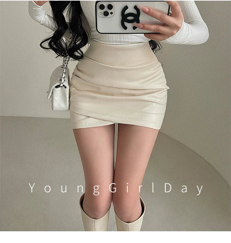 WOMENGAGA Spicy Girl Sexy High Waist Slim A-LINE Wrinkle Wrapped Hip PU Leather Skirt Short Skirt Sweet Korean Women 8EGA