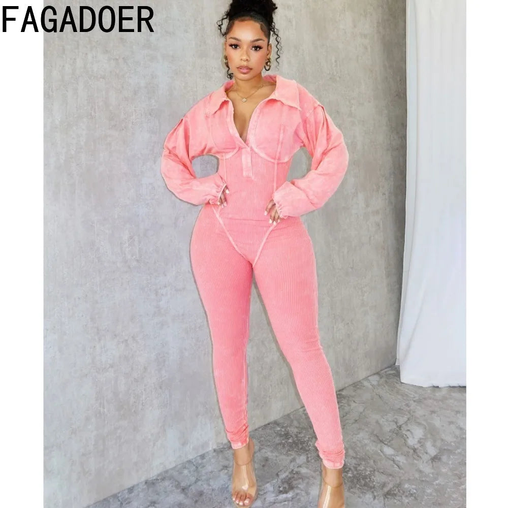 FAGADOER Fashion Solid High Quality Ribber Bodycon Jumpsuits Women V Neck Long Sleeve Slim Playsuits Female Elasticity Overalls