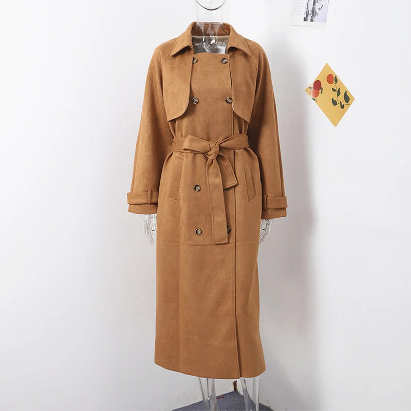 Elegant Suede Long Trench Coat Women Belt Double Breasted Full Sleeve Brown Windbreaker 2024 Autumn Lady Street Outwears New