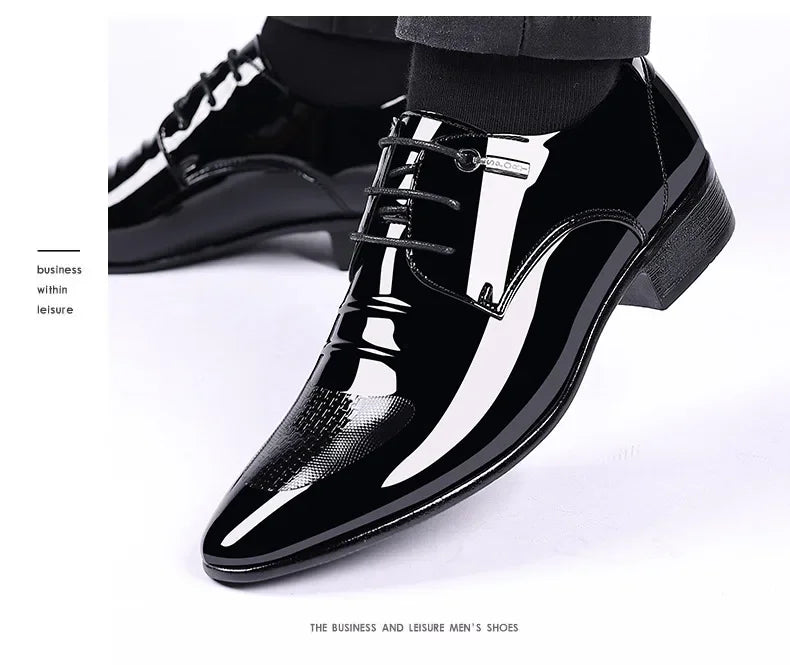 Trending Classic Men Dress Shoes for High Quality Men Oxfords Patent Leather Shoes Lace Up Formal Leather Wedding Party Shoes