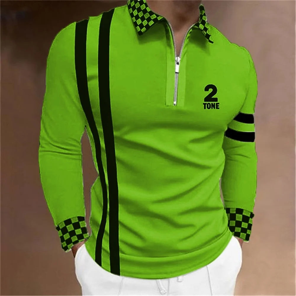 2024 New Fashion Men Long Sleeve Zipper Polo Shhirt , Abstract Appare  Men Casual Large Size Lapel Print Polo Shirt .