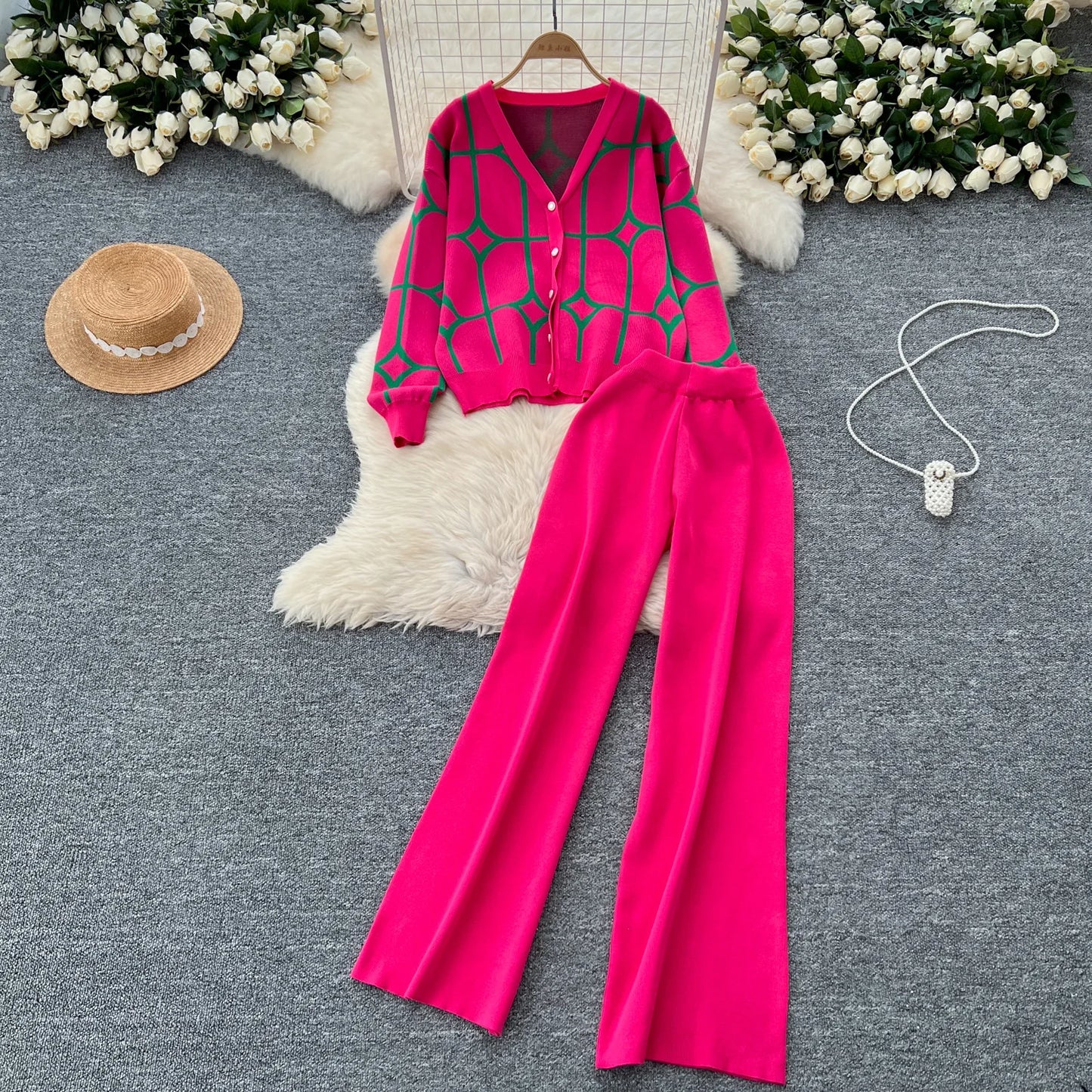 Knitted Two Piece Sets Women Autumn Winter Vintage Long Sleeved Printed Knitted Cardigan Sweater Wide Leg Pants Tracksuits