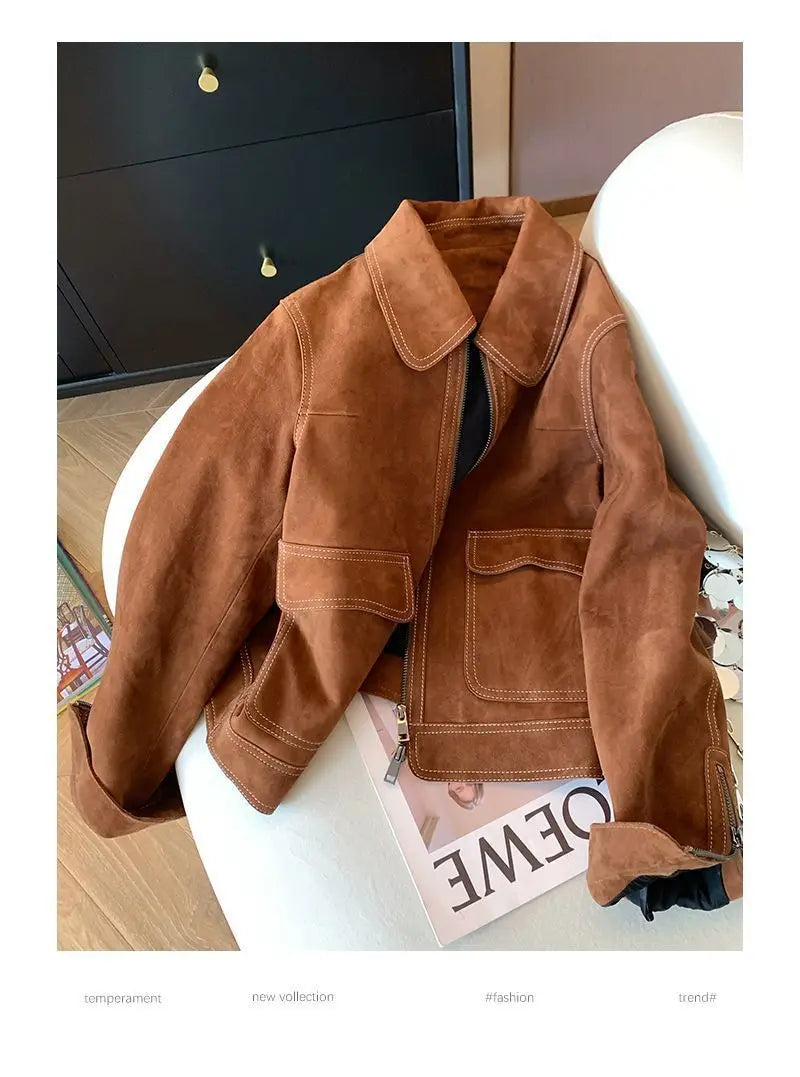 Autumn New Women's Collar Brown Pocket Jacket Coat