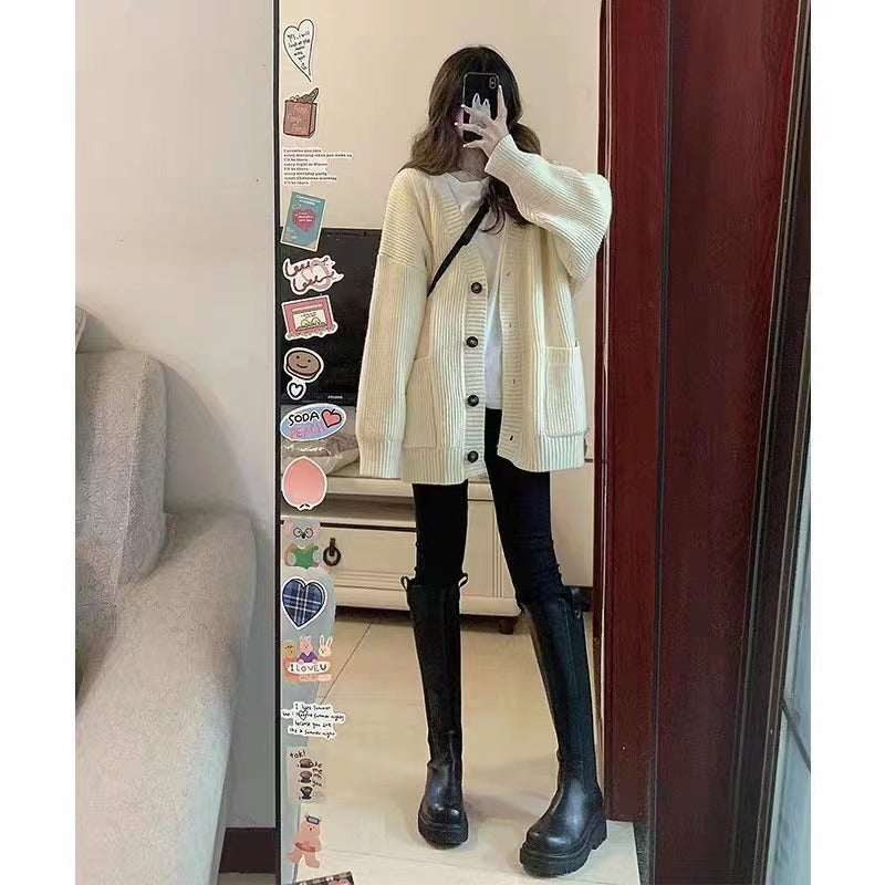 Autumn Winter Women Cardigan Sweater Coats Fashion Female Long Sleeve V-neck Loose Knitted Jackets Casual Sweater Cardigans