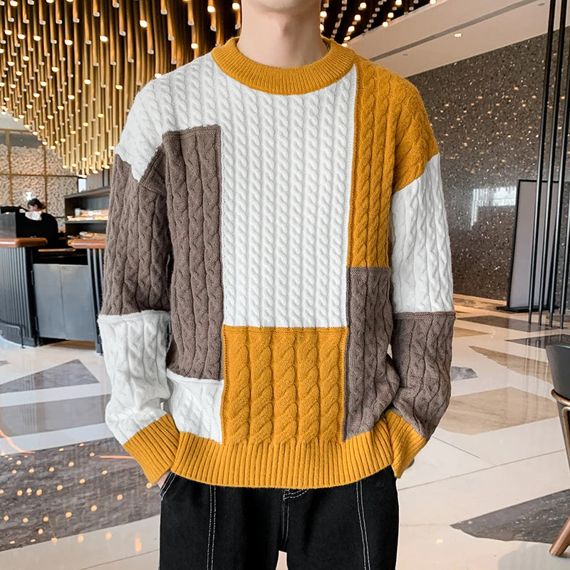 New Winter Fashion Patchwork Loose Sweater Men Streetwear High Quality Mens Casual Sweaters Warm Knitting Pullovers Men