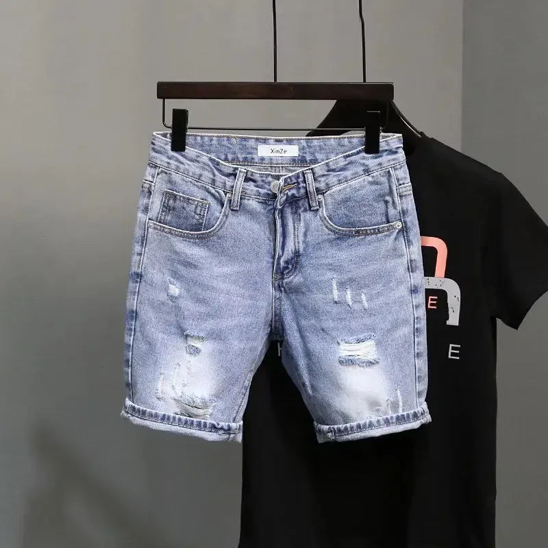 Trendy Denim Shorts For Men Summer Style Korean Version Thin Fit Hip Hop Brand Ins Small Group Medium Length Trousers