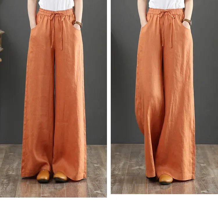 Wide Leg Pure Color Linen Pants For Women High Waist Drawstring Loose Fit Cotton Linen Trousers Plus Size White Long Pants