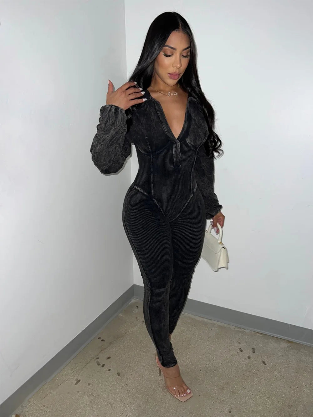 FAGADOER Fashion Solid High Quality Ribber Bodycon Jumpsuits Women V Neck Long Sleeve Slim Playsuits Female Elasticity Overalls