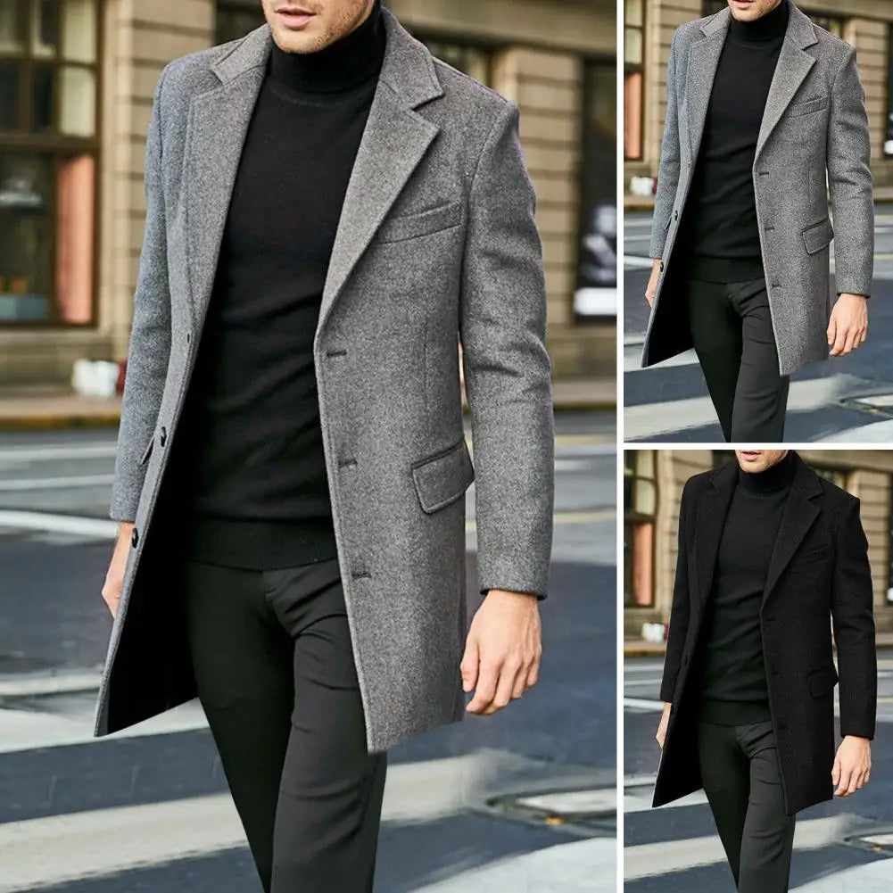 Flap Pocket Jacket Mid-length Warm Jacket Overcoat for Men with Lapel Flap Pockets Solid Color Single-breasted Suit for Winter