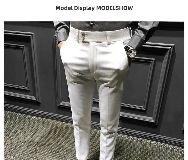 Spring Autumn Men's Slim Fit Korean Style Suit Pants Casual Nine Point Length Trendy White Pants For Office Wear