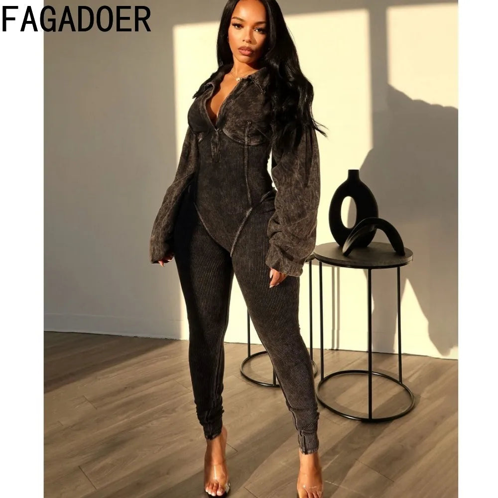 FAGADOER Fashion Solid High Quality Ribber Bodycon Jumpsuits Women V Neck Long Sleeve Slim Playsuits Female Elasticity Overalls