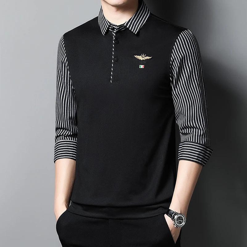 New Men's Casual and Fashionable Long Sleeved POLO Shirt with Contrasting Print Anti Wrinkle Top